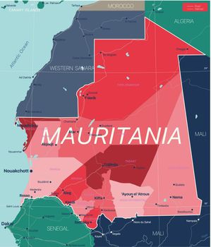 Mauritania country detailed editable map with regions cities and towns, roads and railways, geographic sites. Vector EPS-10 file