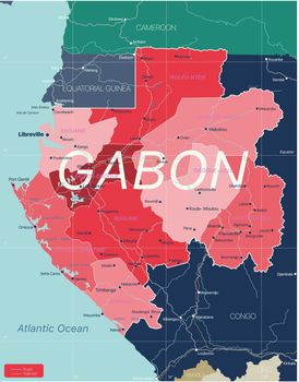 Gabon country detailed editable map with regions cities and towns, roads and railways, geographic sites. Vector EPS-10 file