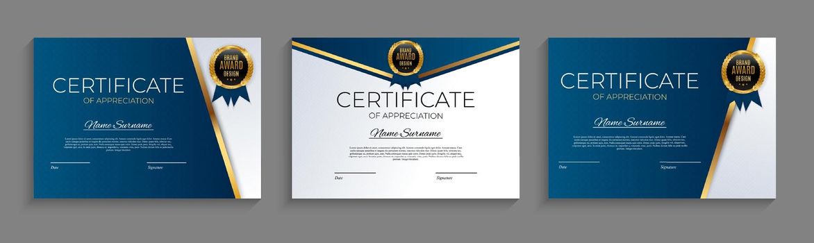Certificate of achievement template set Background with gold badge and border. Award diploma design blank. Vector Illustration