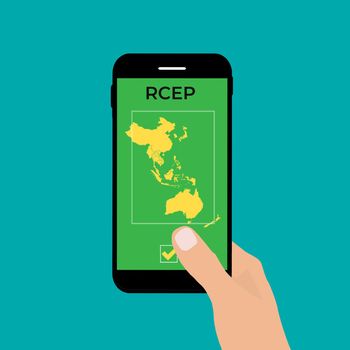 Concept: phone with Modern Regional Comprehensive Economic Partnership (RCEP) map. Vector Illustration. EPS10