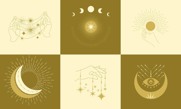 A set of hands with magic symbols. Esoteric images of the moon, stars, sun, and constellations.