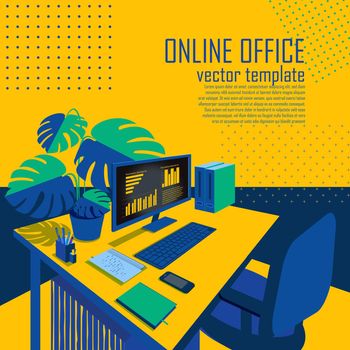 Workplace, online office, place for remote work, freelancing. Template for landing pages.