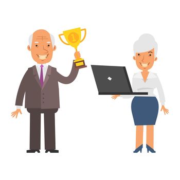 Old business woman holding laptop and smiling. Old businessman holding gold cup and smiling. Vector characters. Vector Illustration