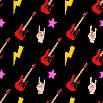 Seamless pattern with hands showing cool rock and roll signs. Hand drawn background for your design.