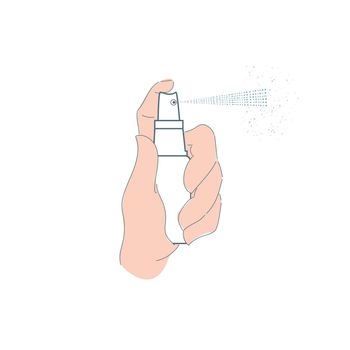 Spray bottle in hand, isolated on a white background. Spraying of cosmetics, perfumes, and medical products.
