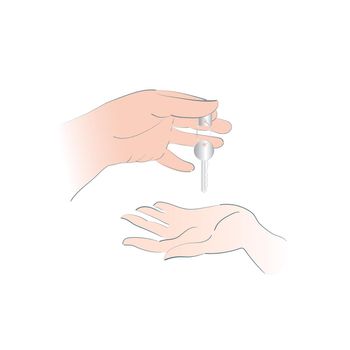 Passing the key from hand to hand. As a sign of a transaction when selling or renting real estate or a car. Isolated vector image of the palms of the hand gesture.