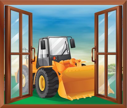 Illustration of a window with a bulldozer