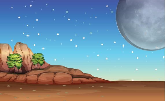 Illustration of a desert under the bright full moon and sparkling stars
