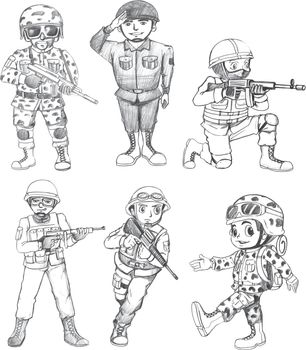 lllustration of the sketches of soldiers on a white background