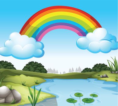 Illustration of a beautiful scenery with a rainbow in the sky