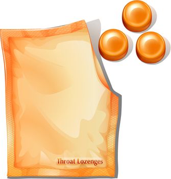 Illustration of a pack of orange throat lozenges on a white background