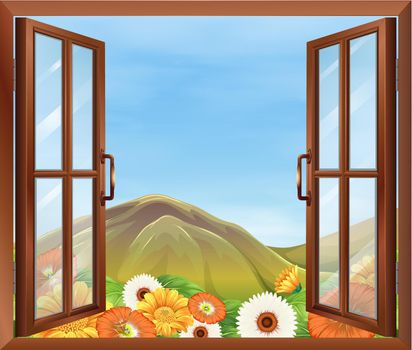 Illustration of a window with a view of the blooming flowers outside and the tall mountain