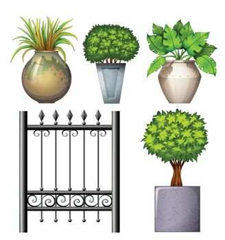 Illustration of a steel gate and potted plants on a white background