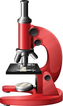 Illustration of a red microscope on a white background