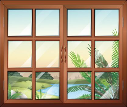 Illustration of a closed window near the pond