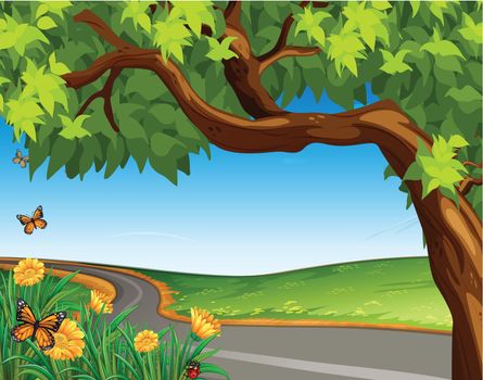 Illustration of a giant tree at the road
