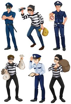 Illustration of the police officers and robbers on a white background