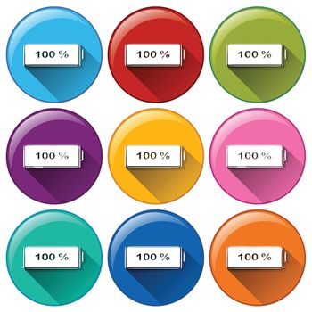 Illustration of the round icons with fully charged batteries on a white background