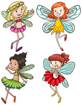 Illustration of the simple sketches of fairies on a white background