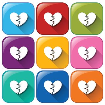 Illustration of the icons with broken hearts on a white background