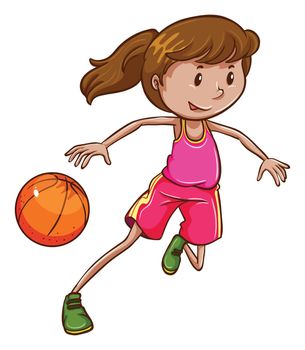Illustration of a simple coloured sketch of a girl playing basketball on a white background