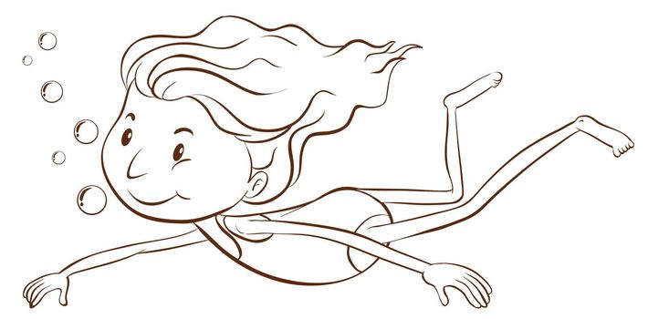 Illustration of a plain sketch of a girl swimming on a white background