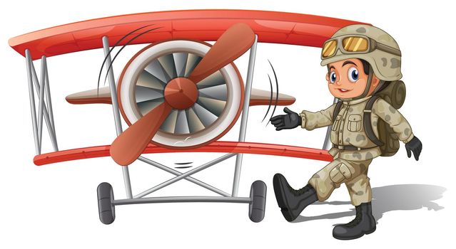 Illustration of a young soldier near the plane on a white background