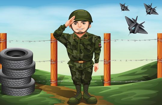 Illustration of a soldier in front of the barbwire fence
