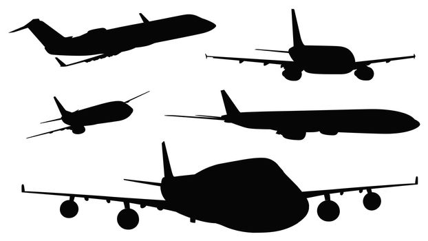 Illustration of the airplanes in black color on a white background