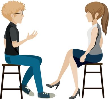 A girl and a boy talking without faces on a white background