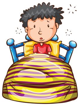 Illustration of a coloured sketch of a boy waking up early on a white background