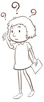 A plain sketch of a young girl thinking on a white background