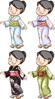 Illustration of a simple sketch of the girls wearing the Asian costume on a white background
