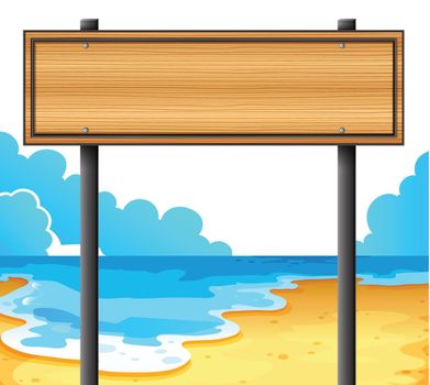 Illustration of an empty wooden signboard at the beach on a white background