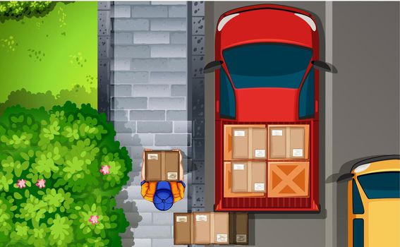 Illustration of a delivery man walking by the truck