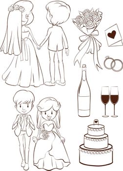 Illustration of a plain sketch of a wedding ceremony on a white background