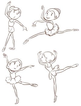 Illustration of the plain sketches of the ballet dancers on a white background