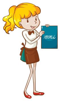 Illustration of a simple sketch of a waitress holding a menu on a white background