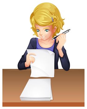 Illustration of a woman taking an exam on a white background