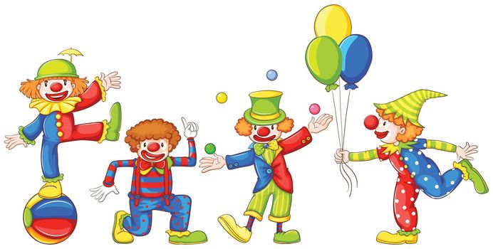 Coloured sketches of the four playful clowns on a white background