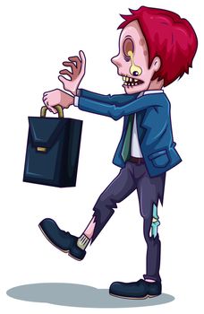 Illustration of a male zombie with a bag on a white background