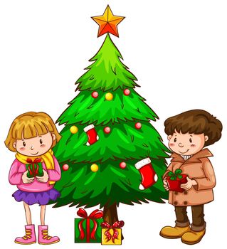Illustration of a simple sketch of the kids near the christmas tree on a white background