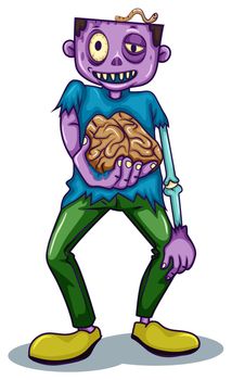 Illustration of a zombie holding his brain on a white background