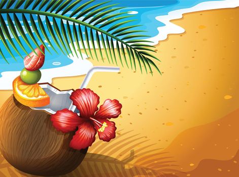 Illustration of a refreshing coconut juice drink at the beach