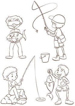 Illustration of the plain sketches of the boys fishing on a white background