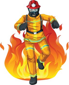 Illustration of a fireman and the big fire on a white background