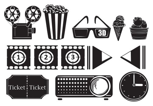 Illustration of the foods and things for a movie marathon on a white background