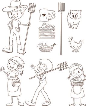 Illustration of a set of farmers and animals