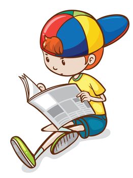 Illustration of a boy reading newspaper