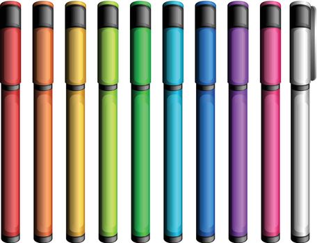 Ten colourful markers on a white background